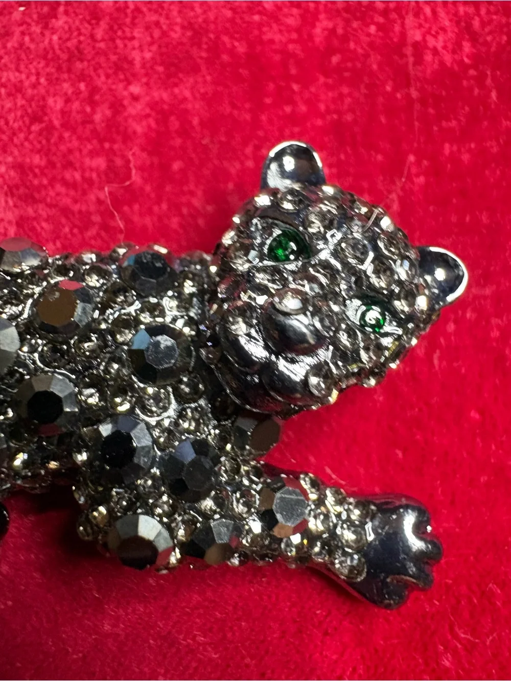 Brooch Cat Embellished Black Crystal Green Eyes Large Statement